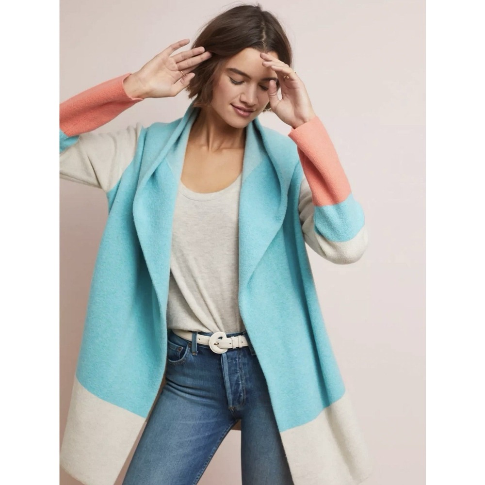 Anthropologie Blue and Coral 100% Wool Colorblock Cardigan - Picture 2 of 9